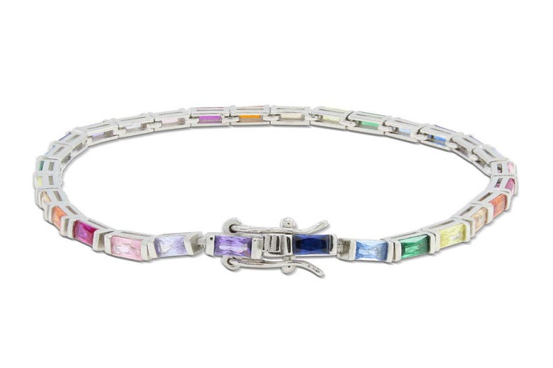 AFFY 14k White Gold Plated 925 Sterling Silver Colourful Rainbow Baguette Sparkling Multi Color Gemstone Tennis Bracelet for Women (6.5, White-gold-plated-silver) - Image 2